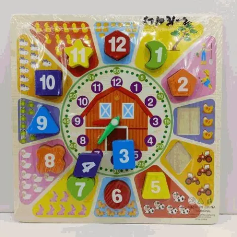 Wooden Clock Shapes And Numbers Puzzle Board